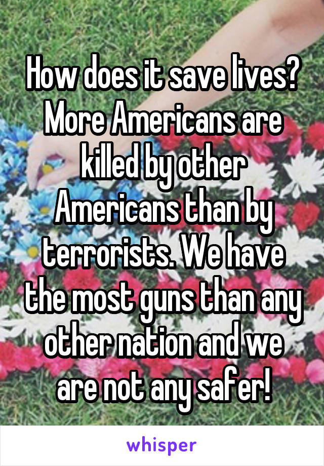 How does it save lives? More Americans are killed by other Americans than by terrorists. We have the most guns than any other nation and we are not any safer!