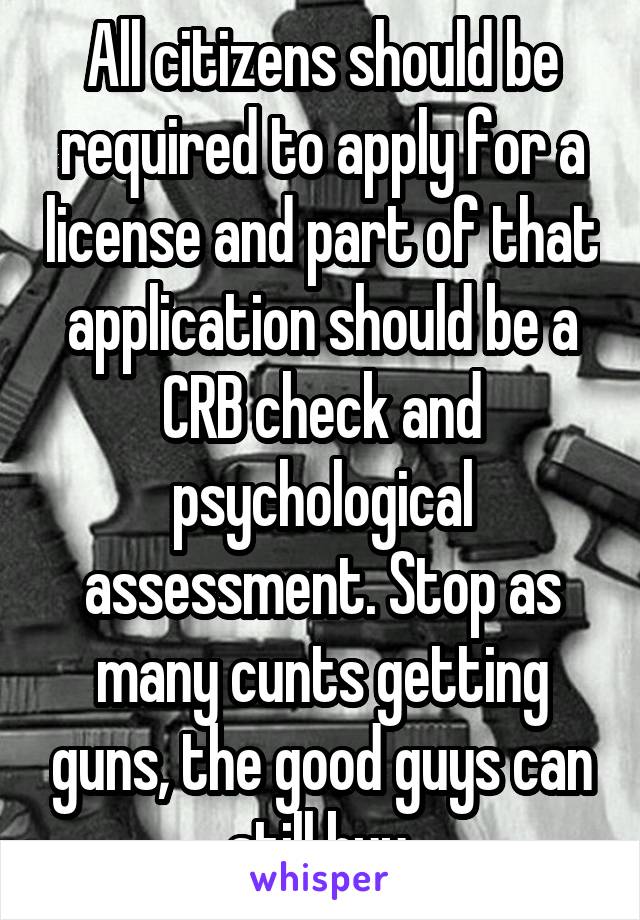 All citizens should be required to apply for a license and part of that application should be a CRB check and psychological assessment. Stop as many cunts getting guns, the good guys can still buy.