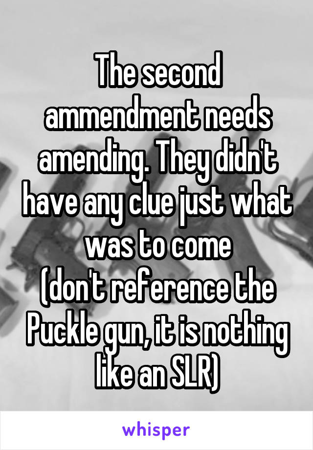 The second ammendment needs amending. They didn't have any clue just what was to come
(don't reference the Puckle gun, it is nothing like an SLR)