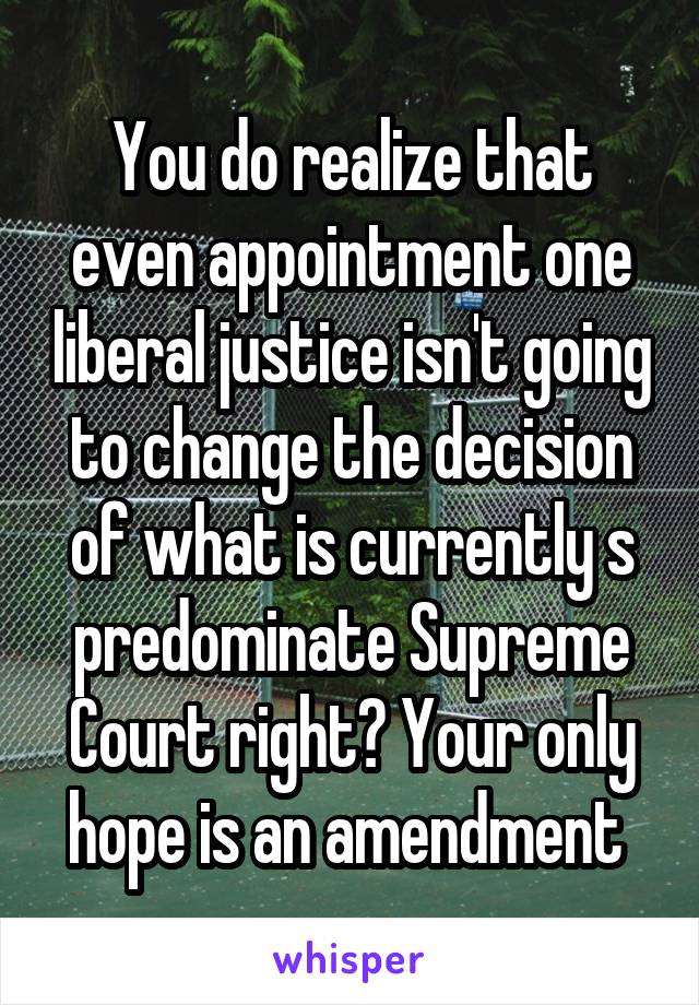 You do realize that even appointment one liberal justice isn't going to change the decision of what is currently s predominate Supreme Court right? Your only hope is an amendment 