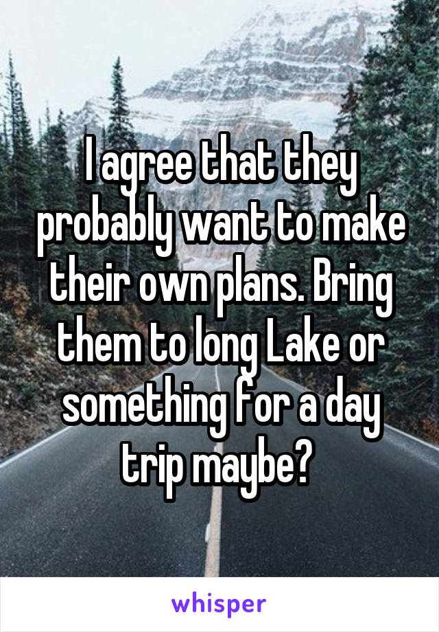 I agree that they probably want to make their own plans. Bring them to long Lake or something for a day trip maybe? 