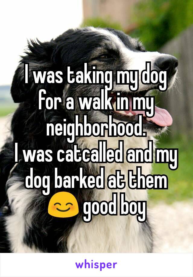 I was taking my dog for a walk in my neighborhood.
I was catcalled and my dog barked at them
😊 good boy