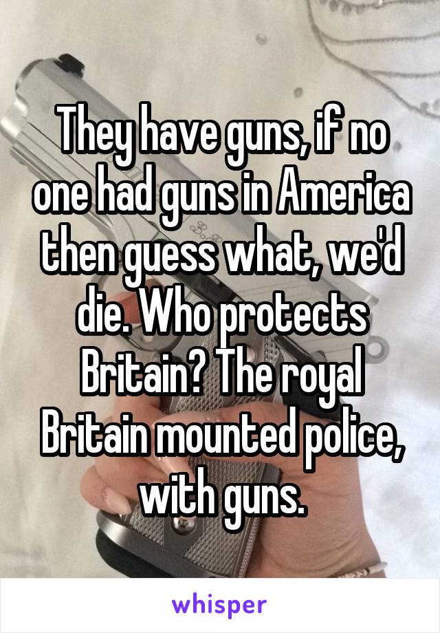 They have guns, if no one had guns in America then guess what, we'd die. Who protects Britain? The royal Britain mounted police, with guns.