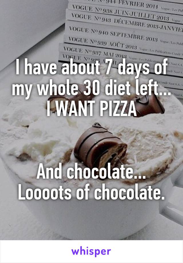 I have about 7 days of my whole 30 diet left... I WANT PIZZA


And chocolate... Loooots of chocolate.