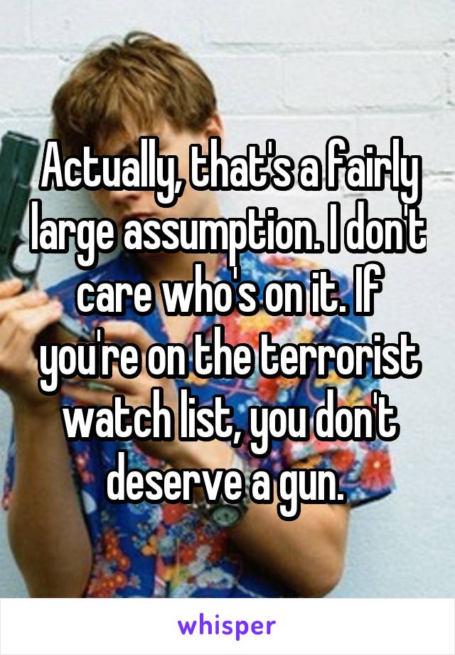 Actually, that's a fairly large assumption. I don't care who's on it. If you're on the terrorist watch list, you don't deserve a gun. 