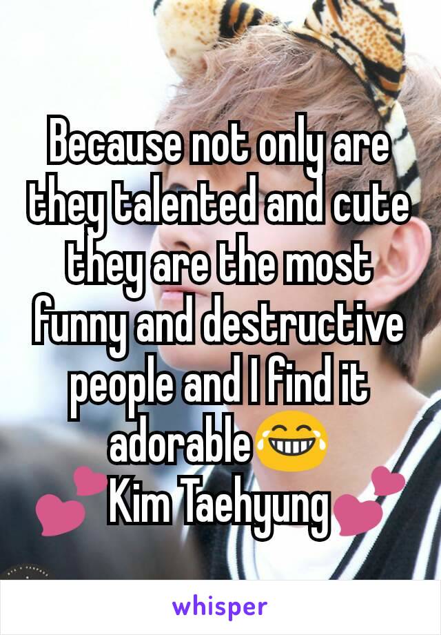 Because not only are they talented and cute they are the most funny and destructive people and I find it adorable😂
💕Kim Taehyung💕