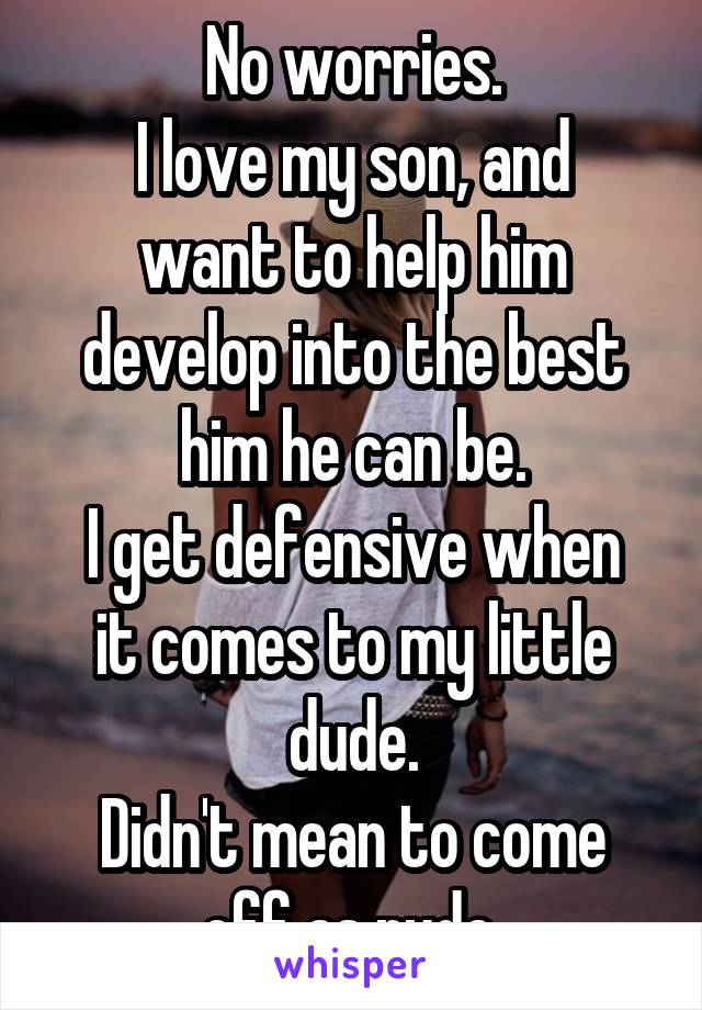 No worries.
I love my son, and want to help him develop into the best him he can be.
I get defensive when it comes to my little dude.
Didn't mean to come off as rude.