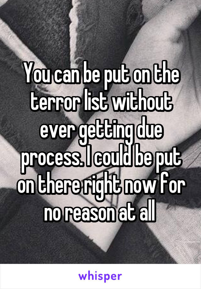 You can be put on the terror list without ever getting due process. I could be put on there right now for no reason at all 