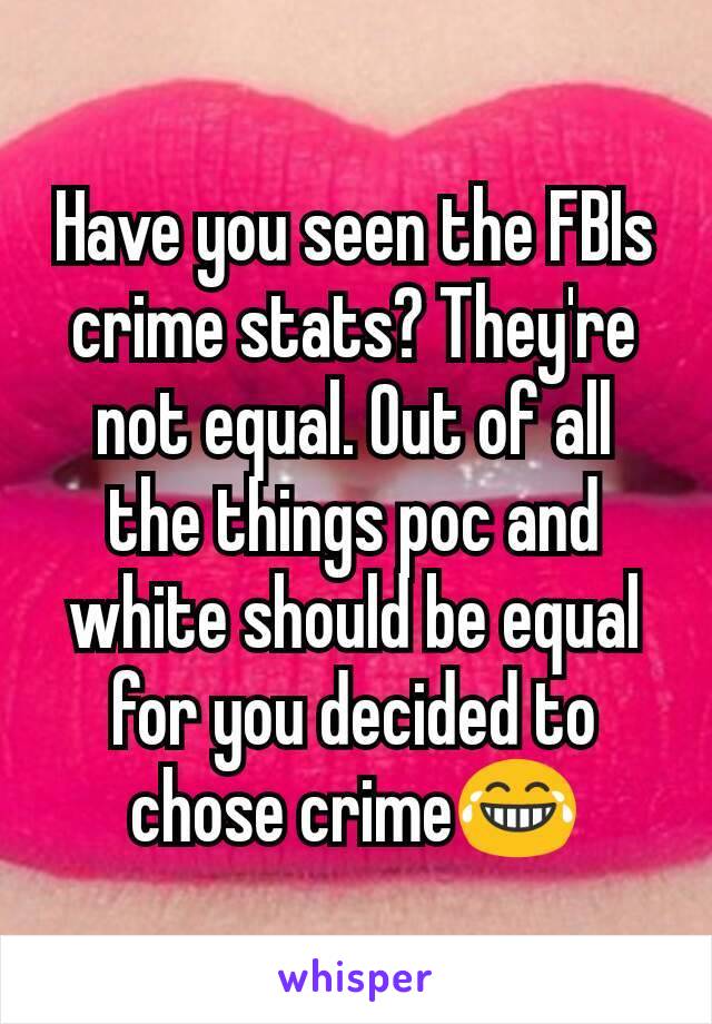 Have you seen the FBIs crime stats? They're not equal. Out of all the things poc and white should be equal for you decided to chose crime😂