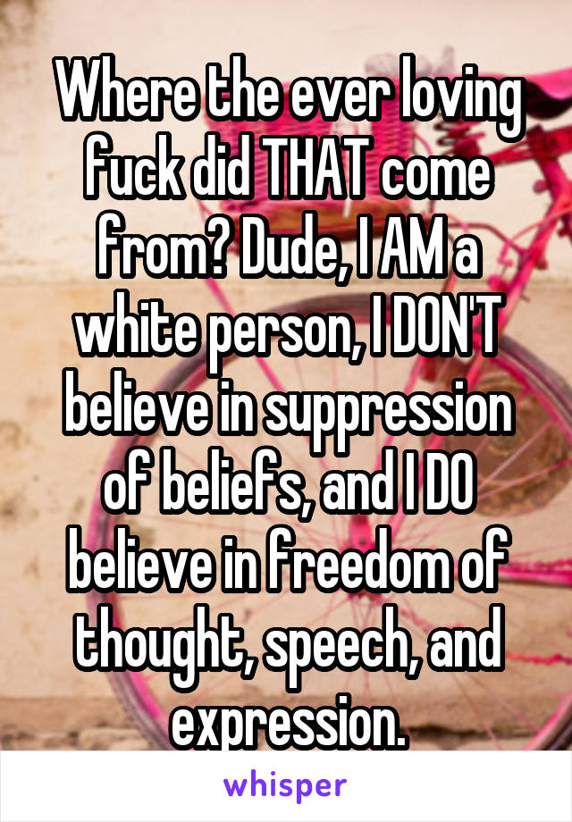 Where the ever loving fuck did THAT come from? Dude, I AM a white person, I DON'T believe in suppression of beliefs, and I DO believe in freedom of thought, speech, and expression.