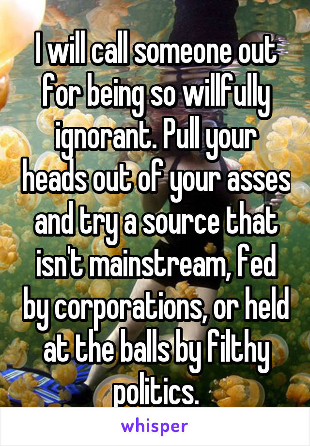 I will call someone out for being so willfully ignorant. Pull your heads out of your asses and try a source that isn't mainstream, fed by corporations, or held at the balls by filthy politics.