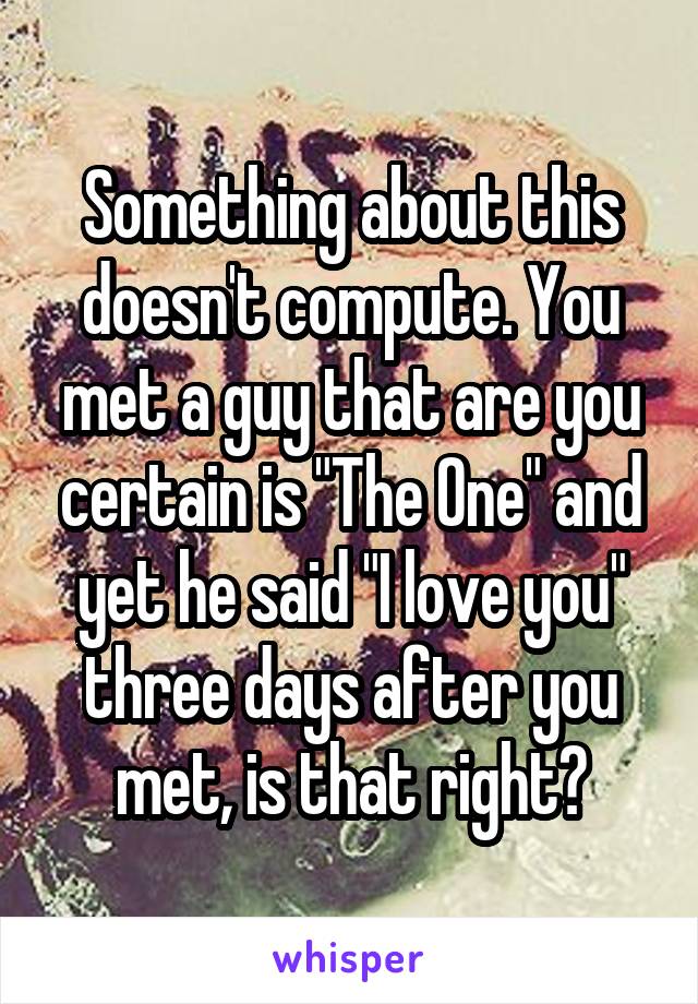 Something about this doesn't compute. You met a guy that are you certain is "The One" and yet he said "I love you" three days after you met, is that right?