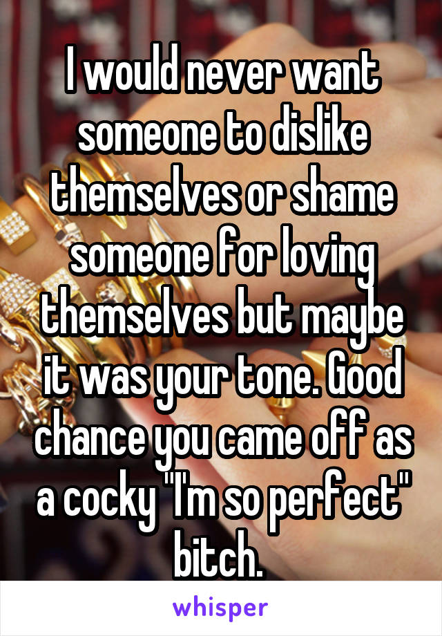 I would never want someone to dislike themselves or shame someone for loving themselves but maybe it was your tone. Good chance you came off as a cocky "I'm so perfect" bitch. 