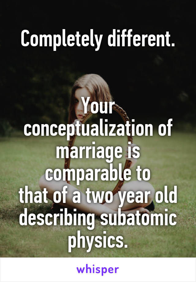 Completely different.


Your conceptualization of marriage is comparable to
that of a two year old describing subatomic physics.