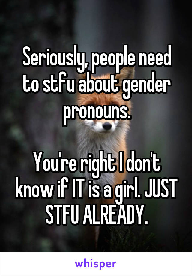 Seriously, people need to stfu about gender pronouns.

You're right I don't know if IT is a girl. JUST STFU ALREADY.