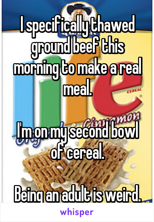 I specifically thawed ground beef this morning to make a real meal.

I'm on my second bowl of cereal.

Being an adult is weird.