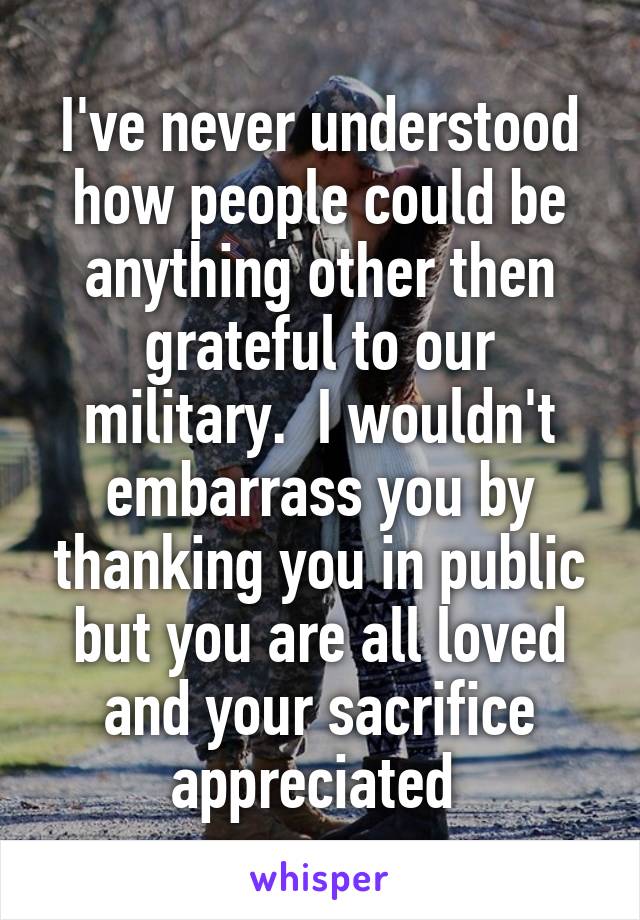 I've never understood how people could be anything other then grateful to our military.  I wouldn't embarrass you by thanking you in public but you are all loved and your sacrifice appreciated 