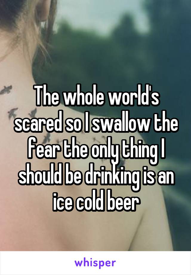 
The whole world's scared so I swallow the fear the only thing I should be drinking is an ice cold beer