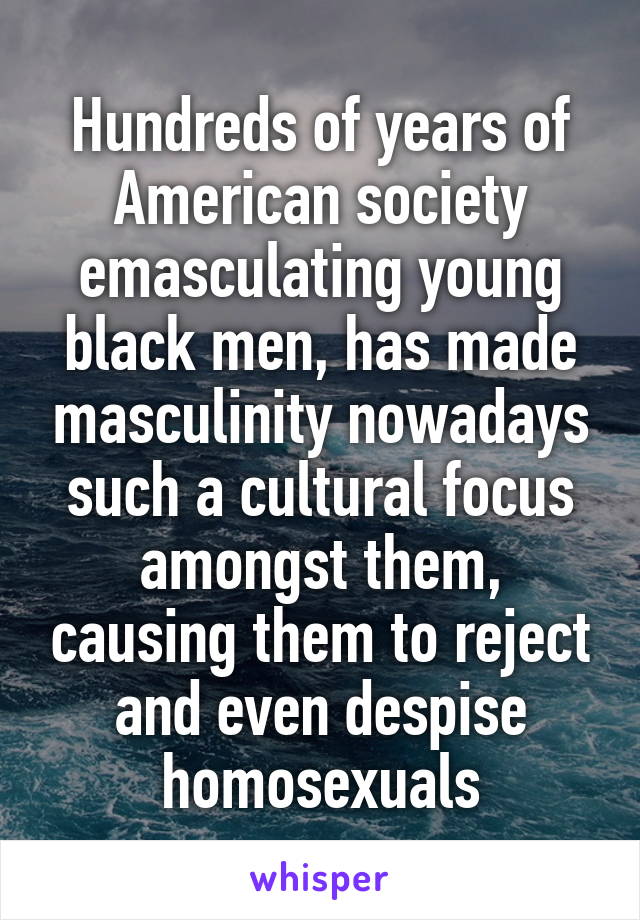Hundreds of years of American society emasculating young black men, has made masculinity nowadays such a cultural focus amongst them, causing them to reject and even despise homosexuals
