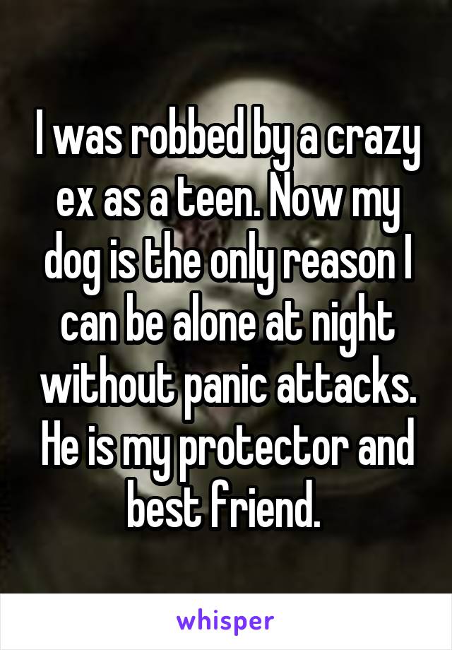 I was robbed by a crazy ex as a teen. Now my dog is the only reason I can be alone at night without panic attacks. He is my protector and best friend. 