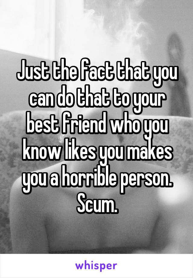 Just the fact that you can do that to your best friend who you know likes you makes you a horrible person. Scum.