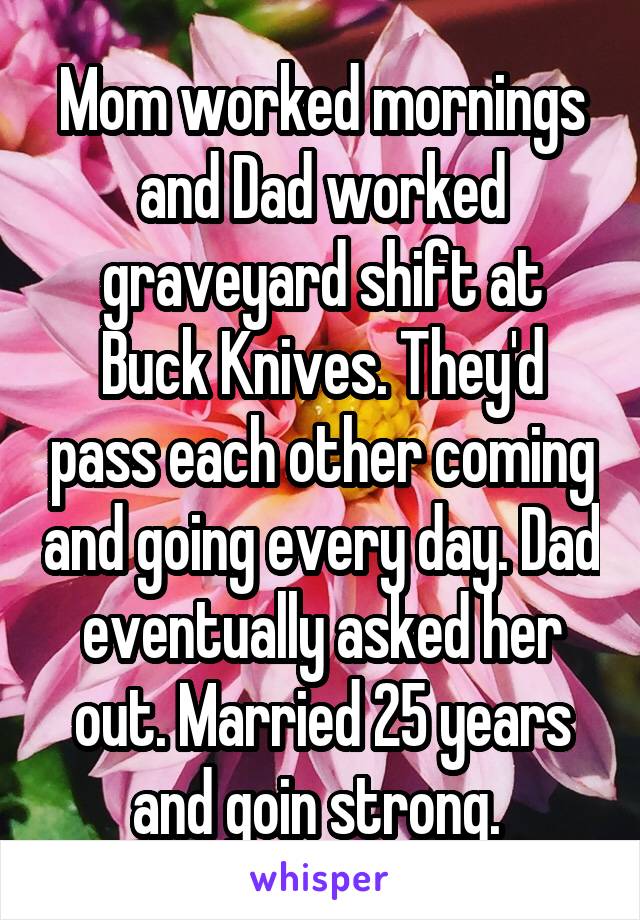 Mom worked mornings and Dad worked graveyard shift at Buck Knives. They'd pass each other coming and going every day. Dad eventually asked her out. Married 25 years and goin strong. 