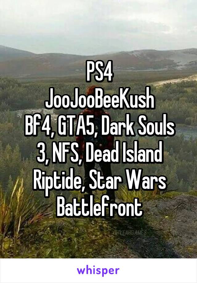 PS4
JooJooBeeKush
Bf4, GTA5, Dark Souls 3, NFS, Dead Island Riptide, Star Wars Battlefront