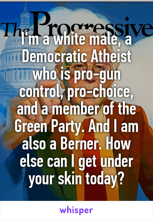 I'm a white male, a Democratic Atheist who is pro-gun control, pro-choice, and a member of the Green Party. And I am also a Berner. How else can I get under your skin today?