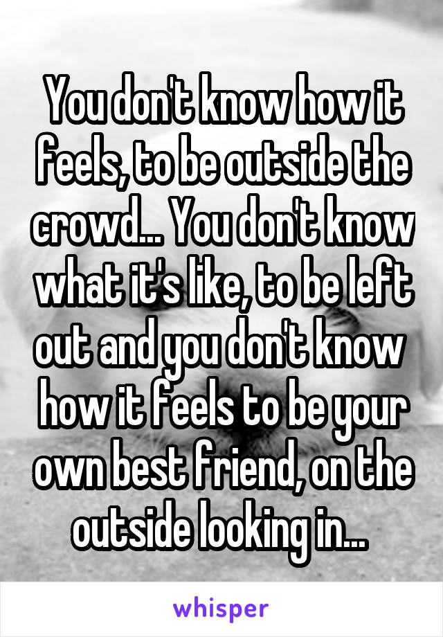 You don't know how it feels, to be outside the crowd... You don't know what it's like, to be left out and you don't know  how it feels to be your own best friend, on the outside looking in... 