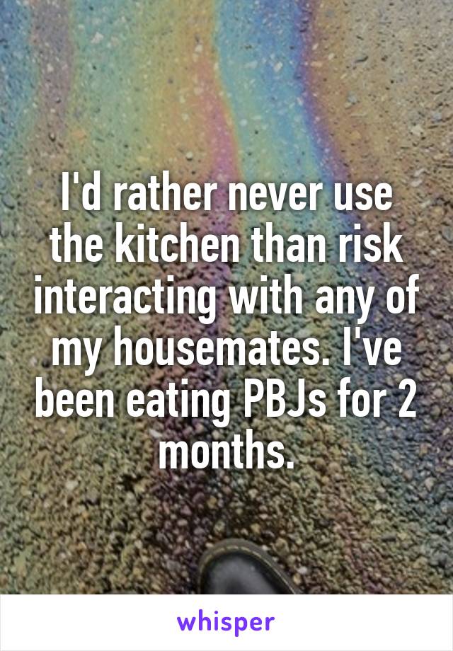 I'd rather never use the kitchen than risk interacting with any of my housemates. I've been eating PBJs for 2 months.