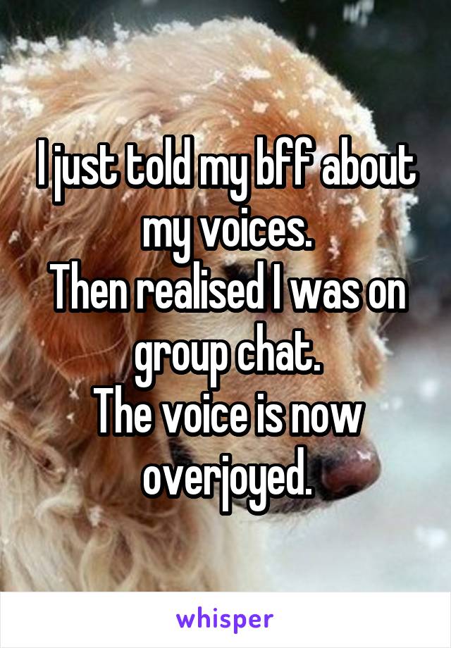 I just told my bff about my voices.
Then realised I was on group chat.
The voice is now overjoyed.