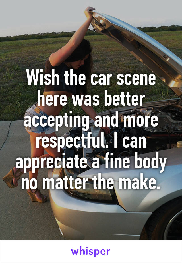 Wish the car scene here was better accepting and more respectful. I can appreciate a fine body no matter the make.