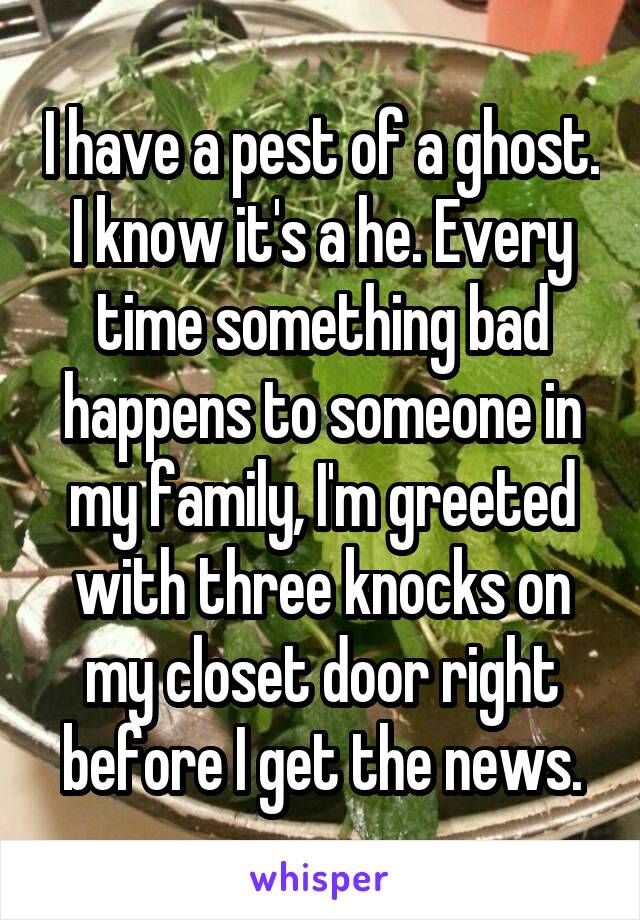 I have a pest of a ghost. I know it's a he. Every time something bad happens to someone in my family, I'm greeted with three knocks on my closet door right before I get the news.