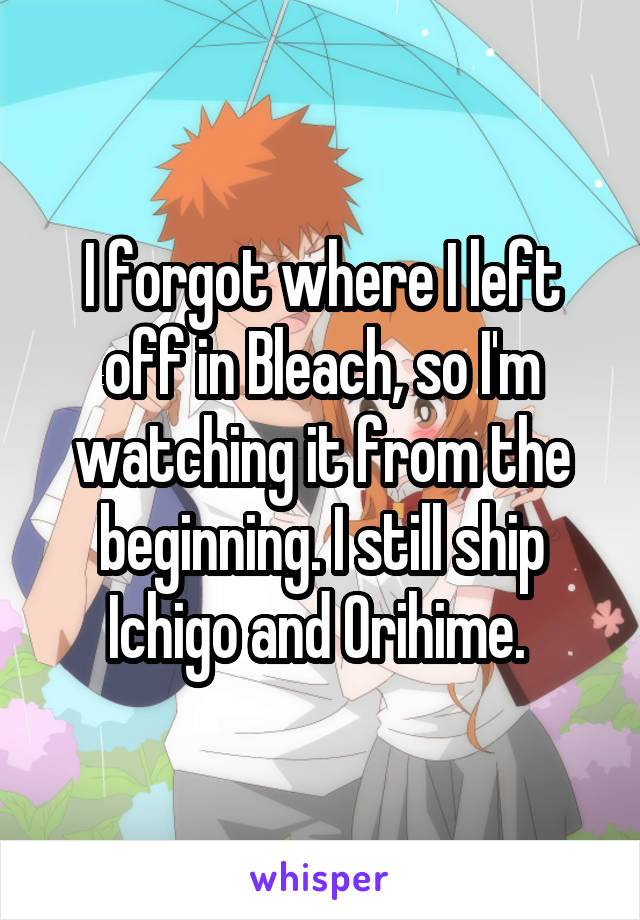 I forgot where I left off in Bleach, so I'm watching it from the beginning. I still ship Ichigo and Orihime. 