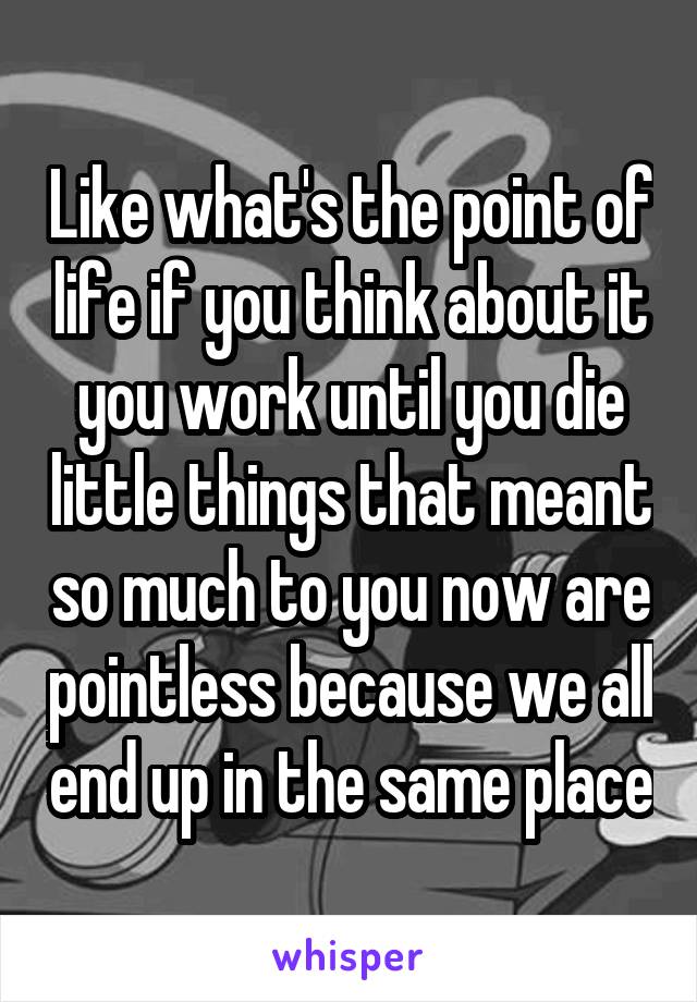 Like what's the point of life if you think about it you work until you die little things that meant so much to you now are pointless because we all end up in the same place