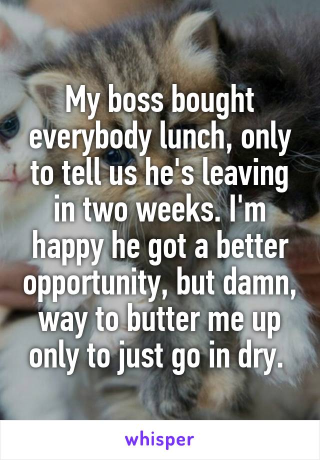My boss bought everybody lunch, only to tell us he's leaving in two weeks. I'm happy he got a better opportunity, but damn, way to butter me up only to just go in dry. 