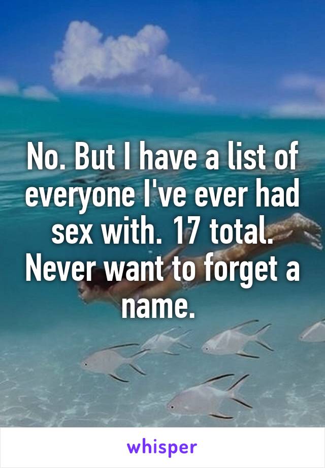 No. But I have a list of everyone I've ever had sex with. 17 total. Never want to forget a name. 