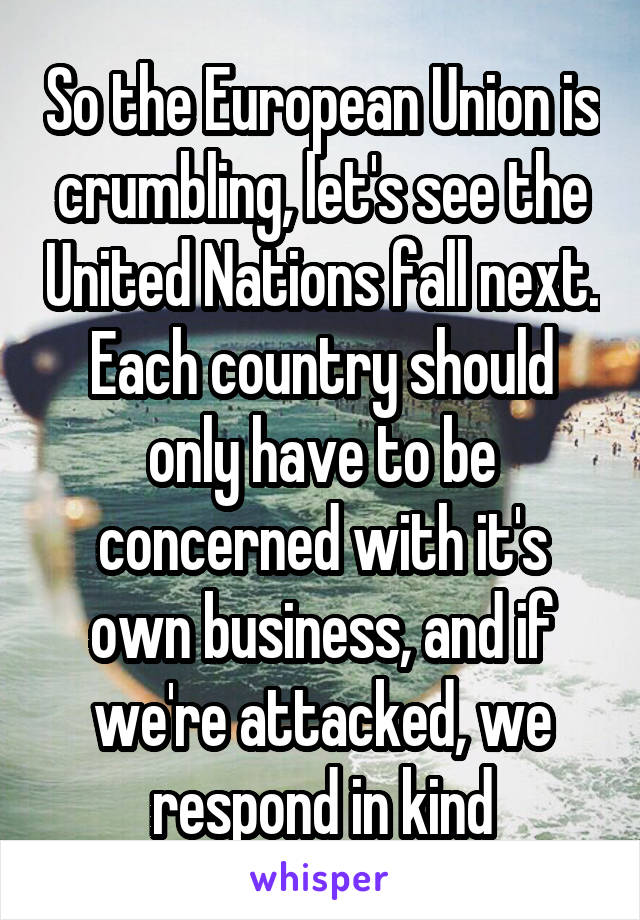 So the European Union is crumbling, let's see the United Nations fall next. Each country should only have to be concerned with it's own business, and if we're attacked, we respond in kind