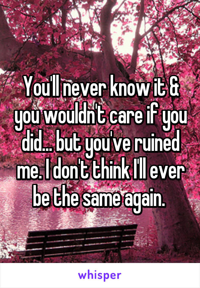 You'll never know it & you wouldn't care if you did... but you've ruined me. I don't think I'll ever be the same again. 