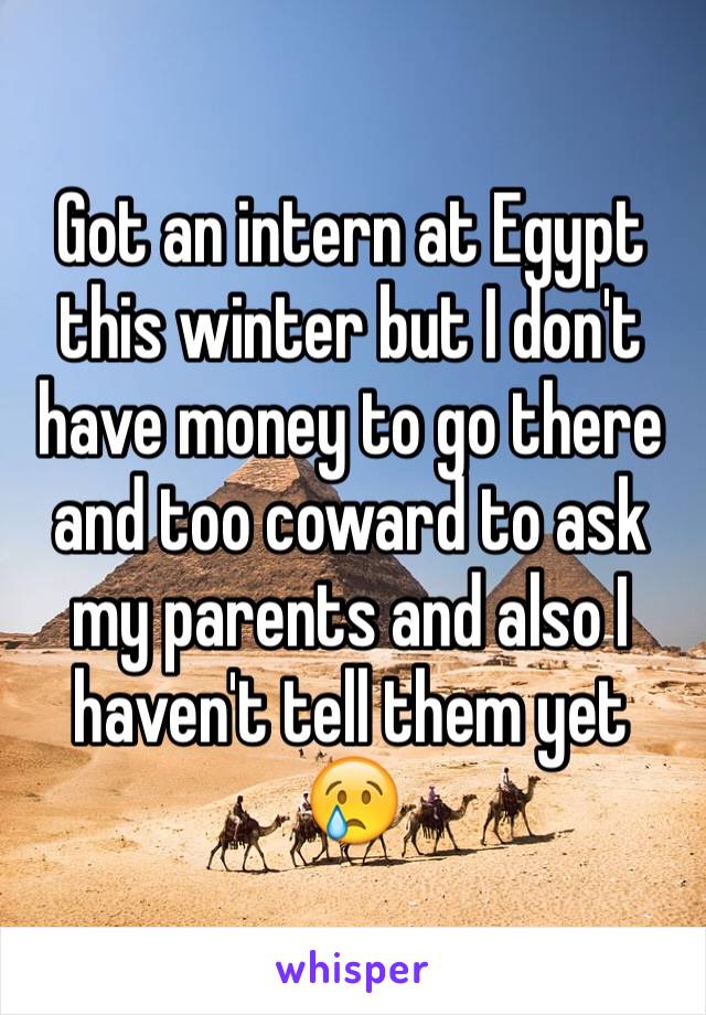 Got an intern at Egypt this winter but I don't have money to go there and too coward to ask my parents and also I haven't tell them yet 😢