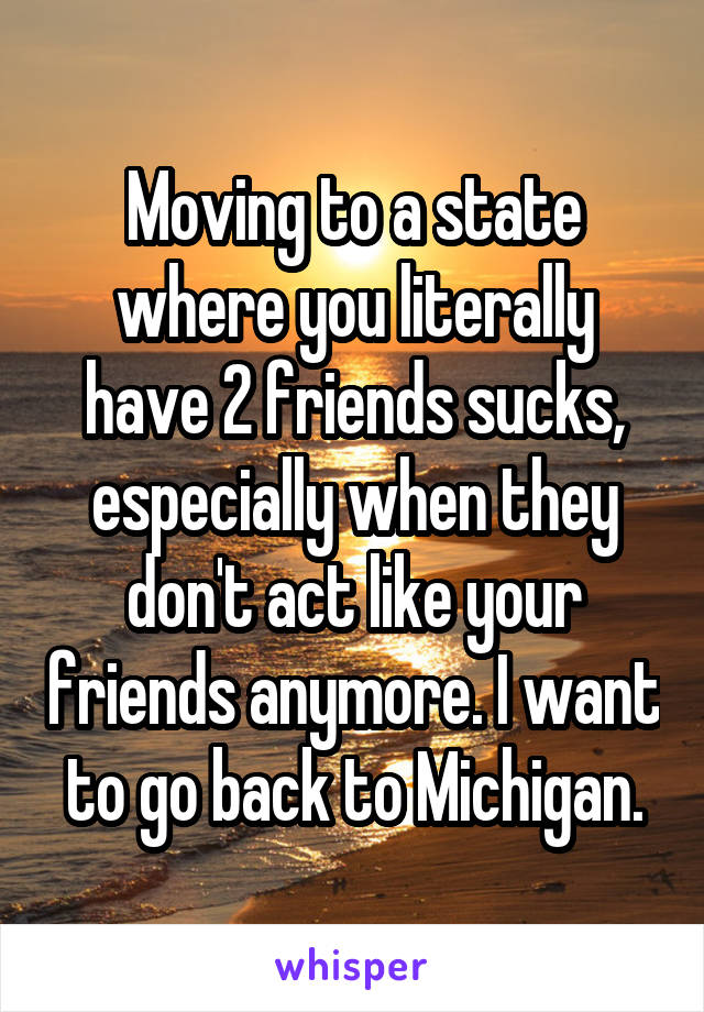 Moving to a state where you literally have 2 friends sucks, especially when they don't act like your friends anymore. I want to go back to Michigan.