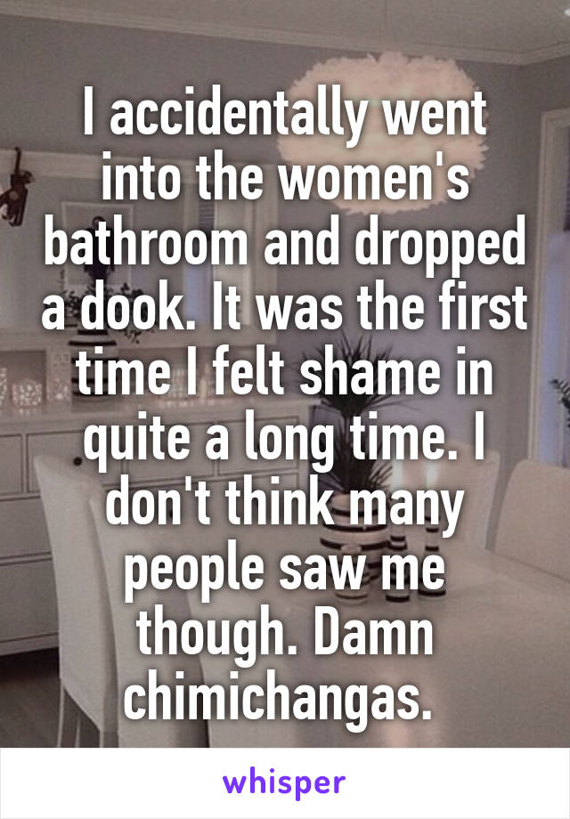 I accidentally went into the women's bathroom and dropped a dook. It was the first time I felt shame in quite a long time. I don't think many people saw me though. Damn chimichangas. 