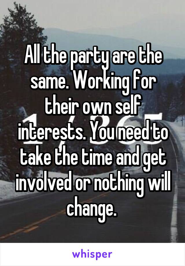 All the party are the same. Working for their own self interests. You need to take the time and get involved or nothing will change. 
