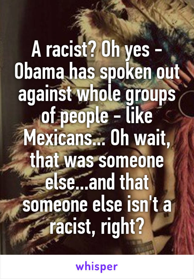 A racist? Oh yes - Obama has spoken out against whole groups of people - like Mexicans... Oh wait, that was someone else...and that someone else isn't a racist, right?
