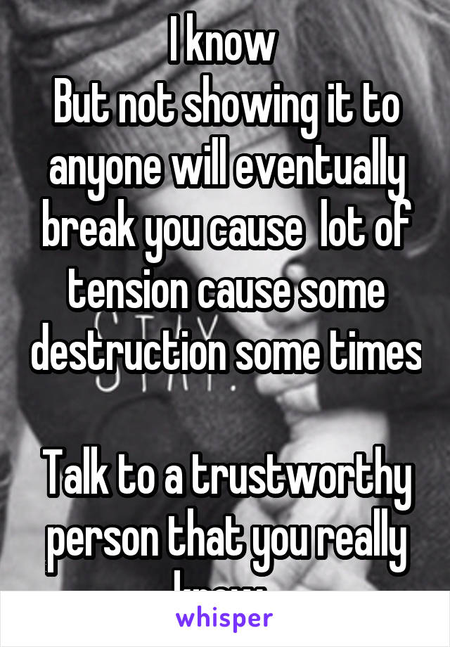 I know 
But not showing it to anyone will eventually break you cause  lot of tension cause some destruction some times 
Talk to a trustworthy person that you really know  