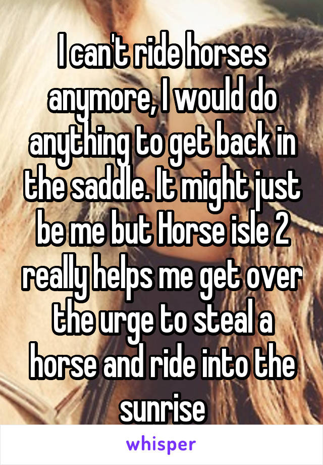 I can't ride horses anymore, I would do anything to get back in the saddle. It might just be me but Horse isle 2 really helps me get over the urge to steal a horse and ride into the sunrise