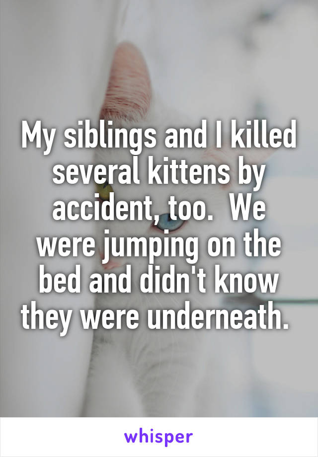 My siblings and I killed several kittens by accident, too.  We were jumping on the bed and didn't know they were underneath. 