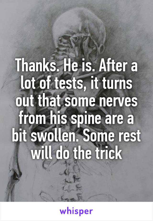 Thanks. He is. After a lot of tests, it turns out that some nerves from his spine are a bit swollen. Some rest will do the trick