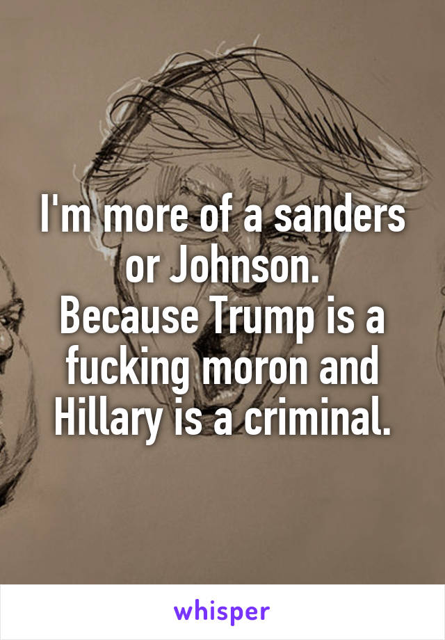 I'm more of a sanders or Johnson.
Because Trump is a fucking moron and Hillary is a criminal.