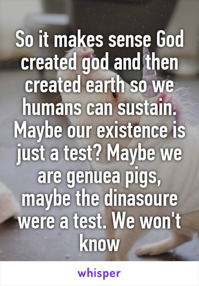 So it makes sense God created god and then created earth so we humans can sustain. Maybe our existence is just a test? Maybe we are genuea pigs, maybe the dinasoure were a test. We won't know